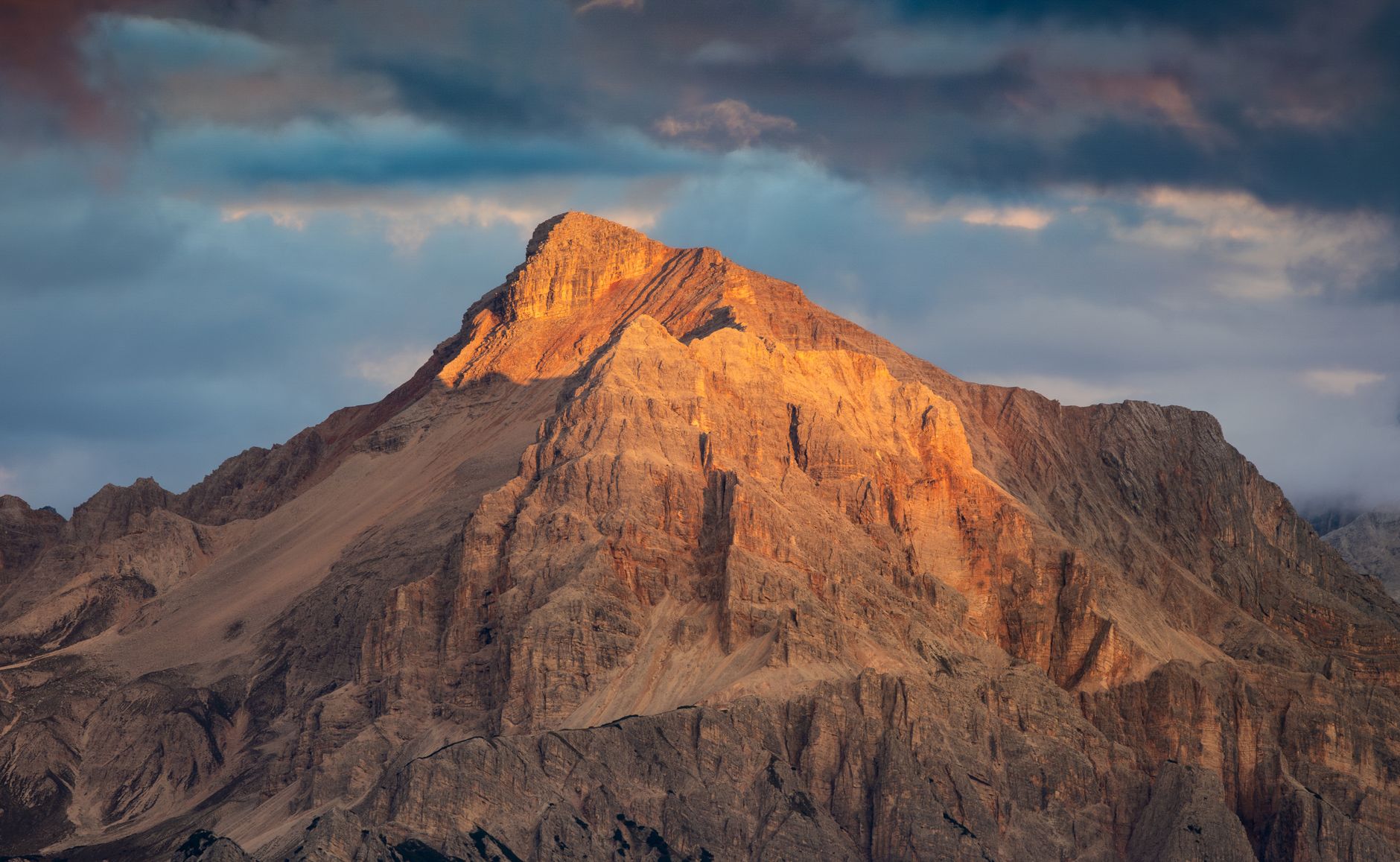 Dolomites limestone peaks illuminated at sunset